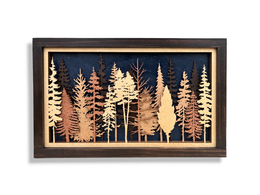 Night Sky Layered Tree Wood Wall Art | 3D Forest Scene Shadow Box