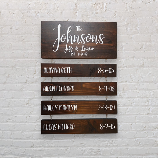 Personalized Wood Family Name Sign with Names and Birthdates