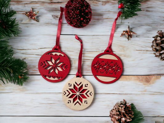 Set of 3 Red and Natural Wood Mosaic Christmas Ornaments