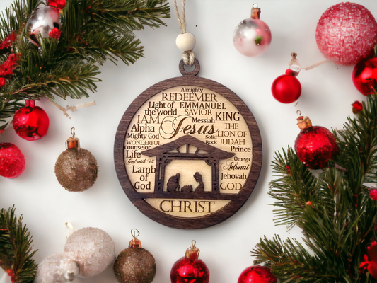 Nativity Christmas Wood Ornament | Names of God Bauble Ornament | Manger Scene