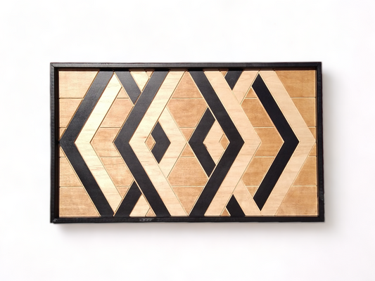 Engraved Black and Natural Modern Geometric Mosaic Wood Wall Art