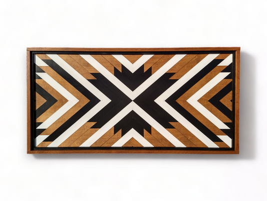 Modern Geometric Mosaic Wood Wall Art - Black, White, and Wood Tones