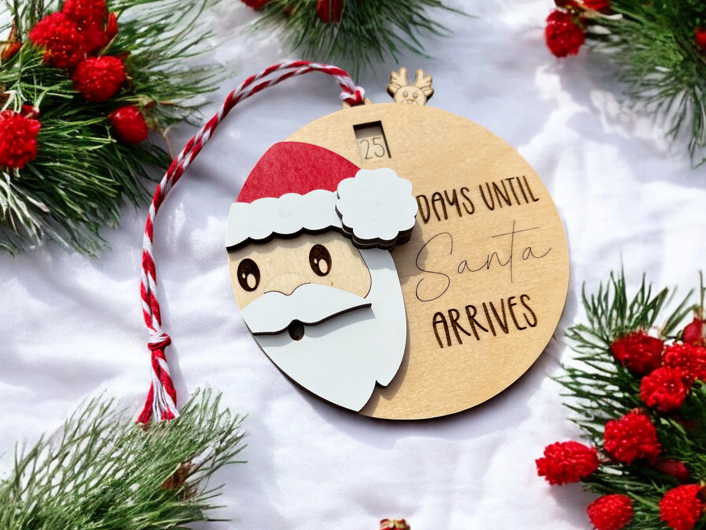 Santa Count Down to Christmas Sliding Ornament | Days Until Christmas Wood Christmas Tree Ornament