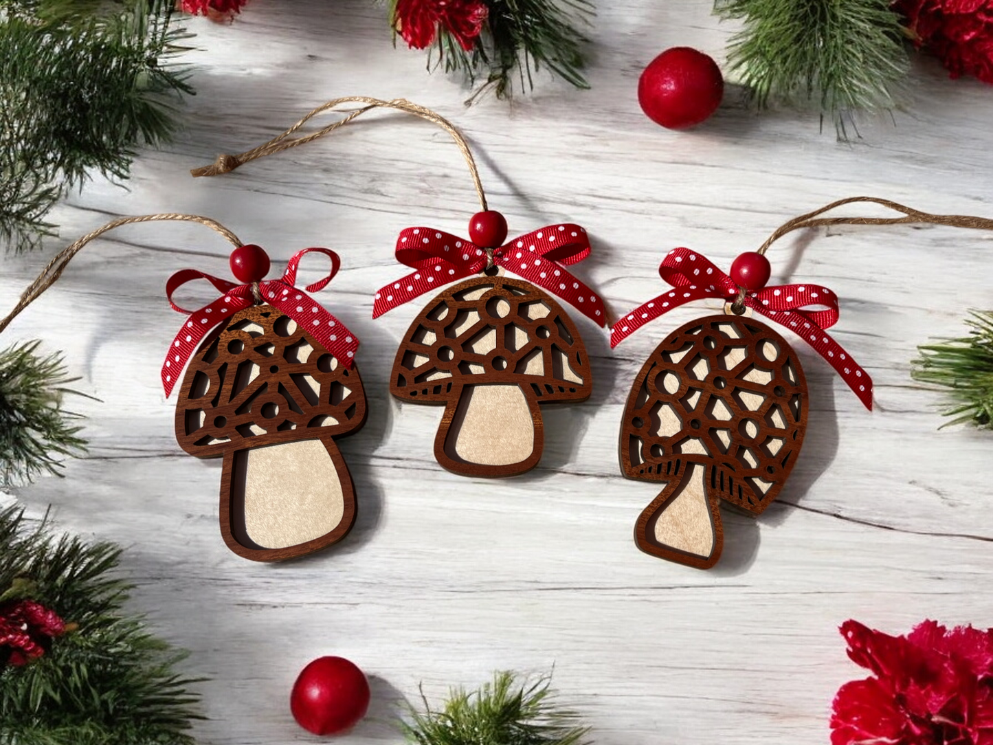 Mushroom Ornament Gift Set of 3 | Christmas Tree Decor | Red Toadstool Woodland Decor