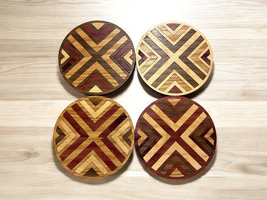 Hardwood Mosaic Coaster Set | Round Wooden Coasters with Cork Bottom | Design #1