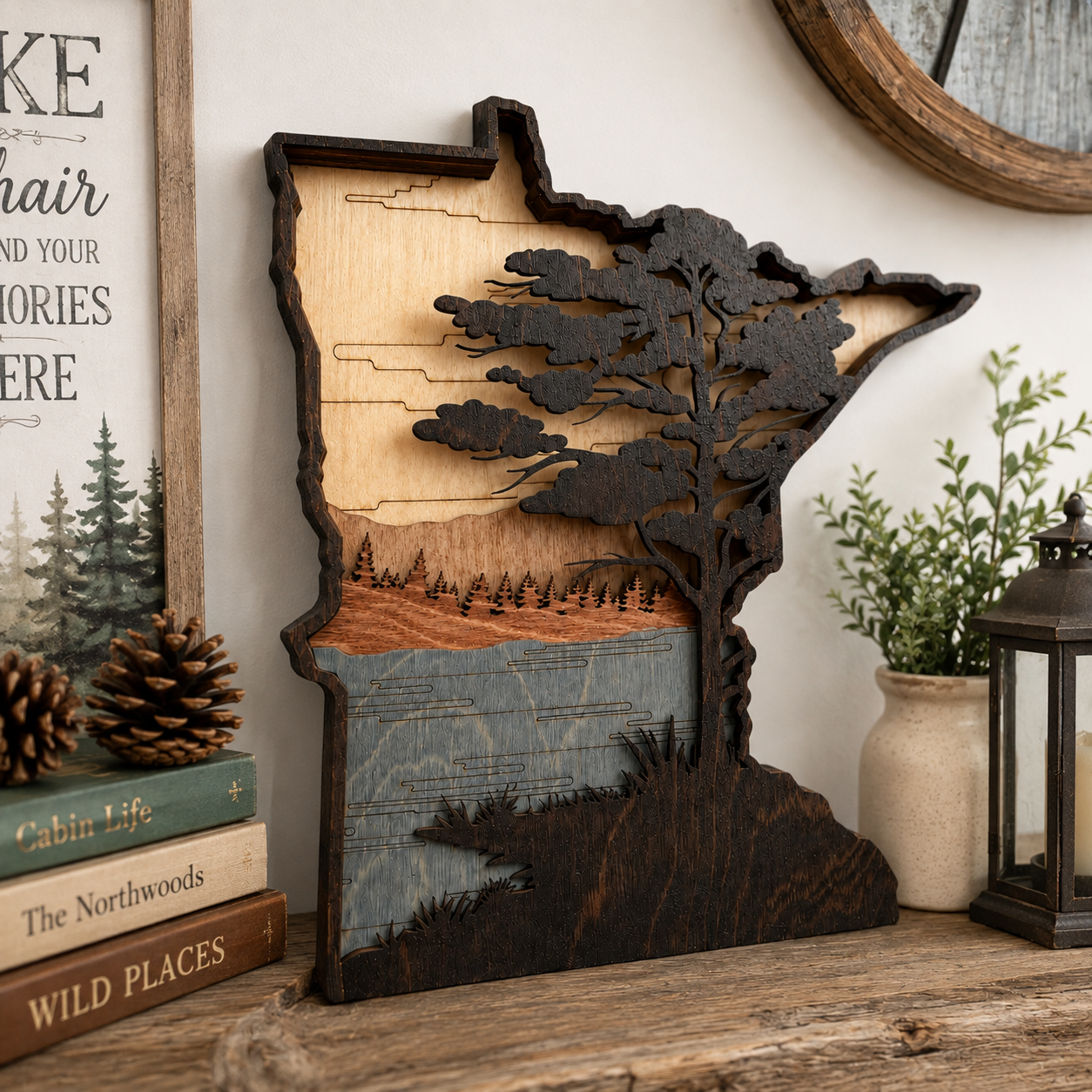 Minnesota layered wood wall art displayed in a cozy rustic cabin living room.