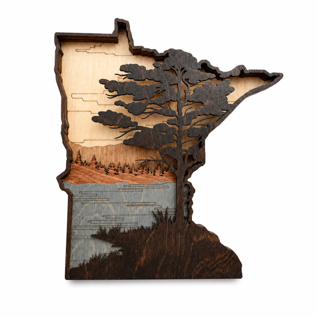 Handmade layered Minnesota wood wall art featuring a peaceful Northwoods lake scene and pine tree.