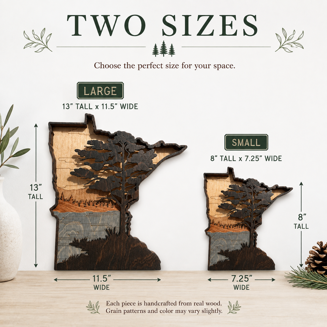 Large and small Minnesota layered wood wall art shown side by side with dimensions.