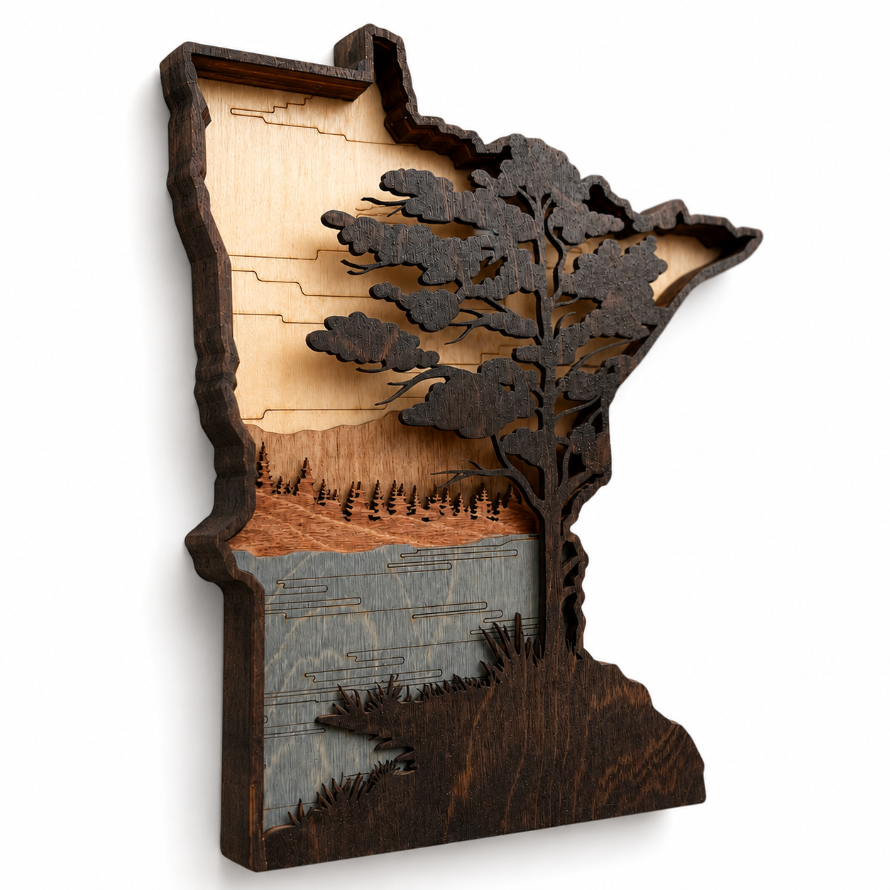 Side view of layered Minnesota wood wall art highlighting its dimensional construction.