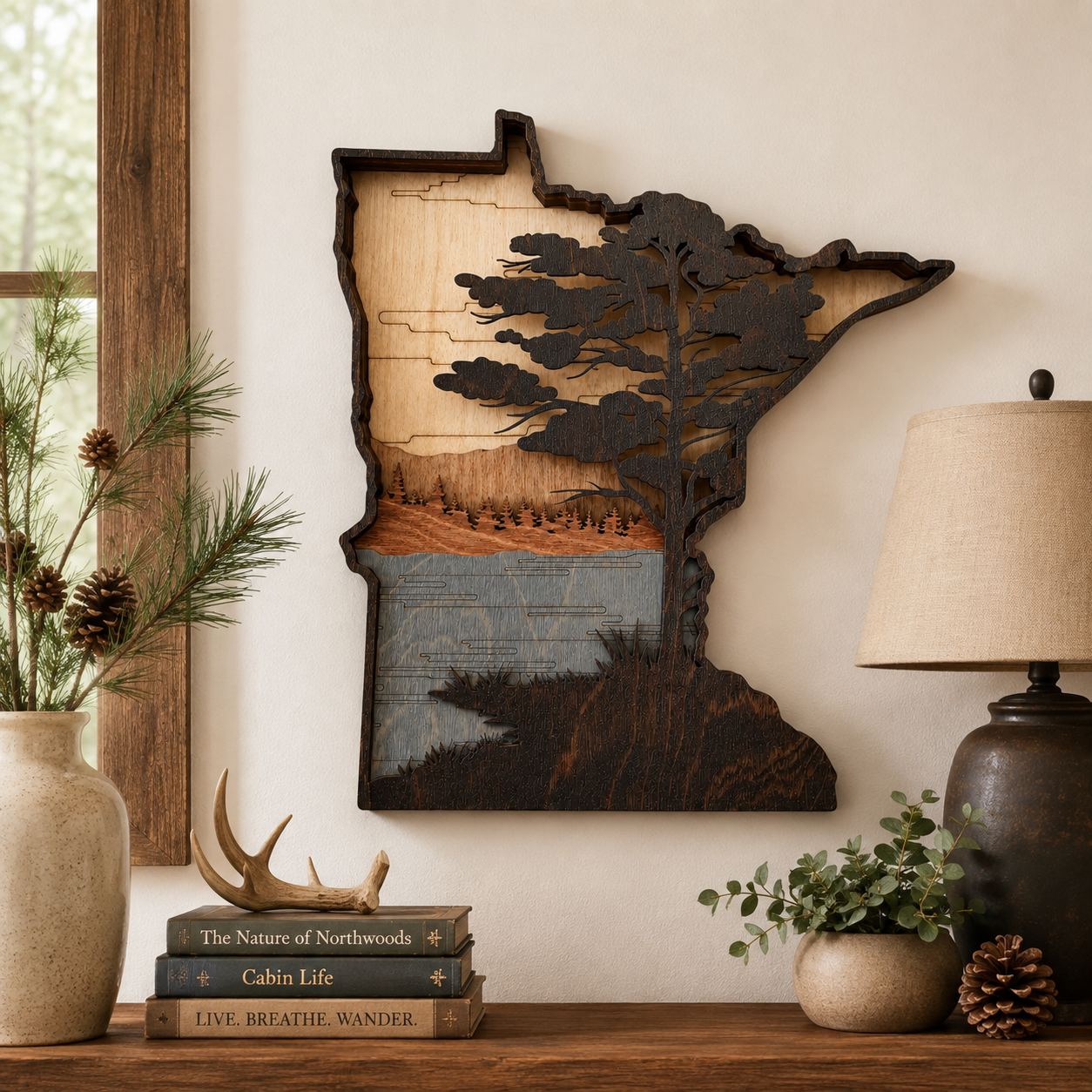 Layered Minnesota wood wall art hanging on a neutral wall in a modern rustic home.