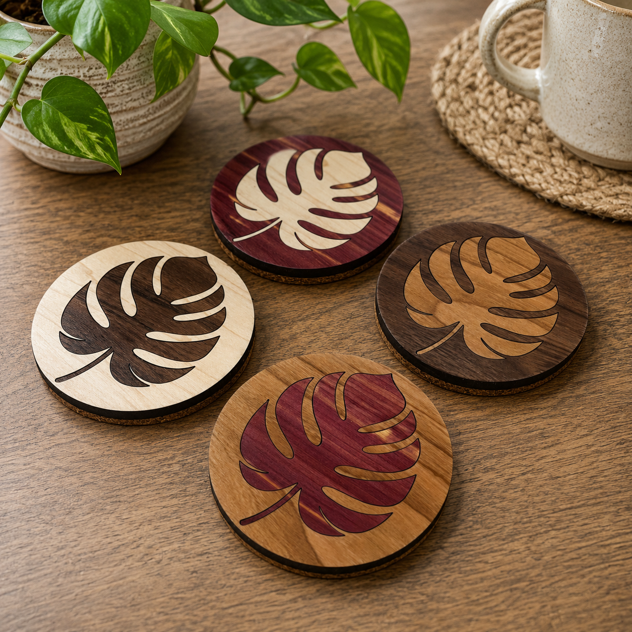 Handmade botanical wood coaster set styled in a modern home with tropical houseplants and drinkware.