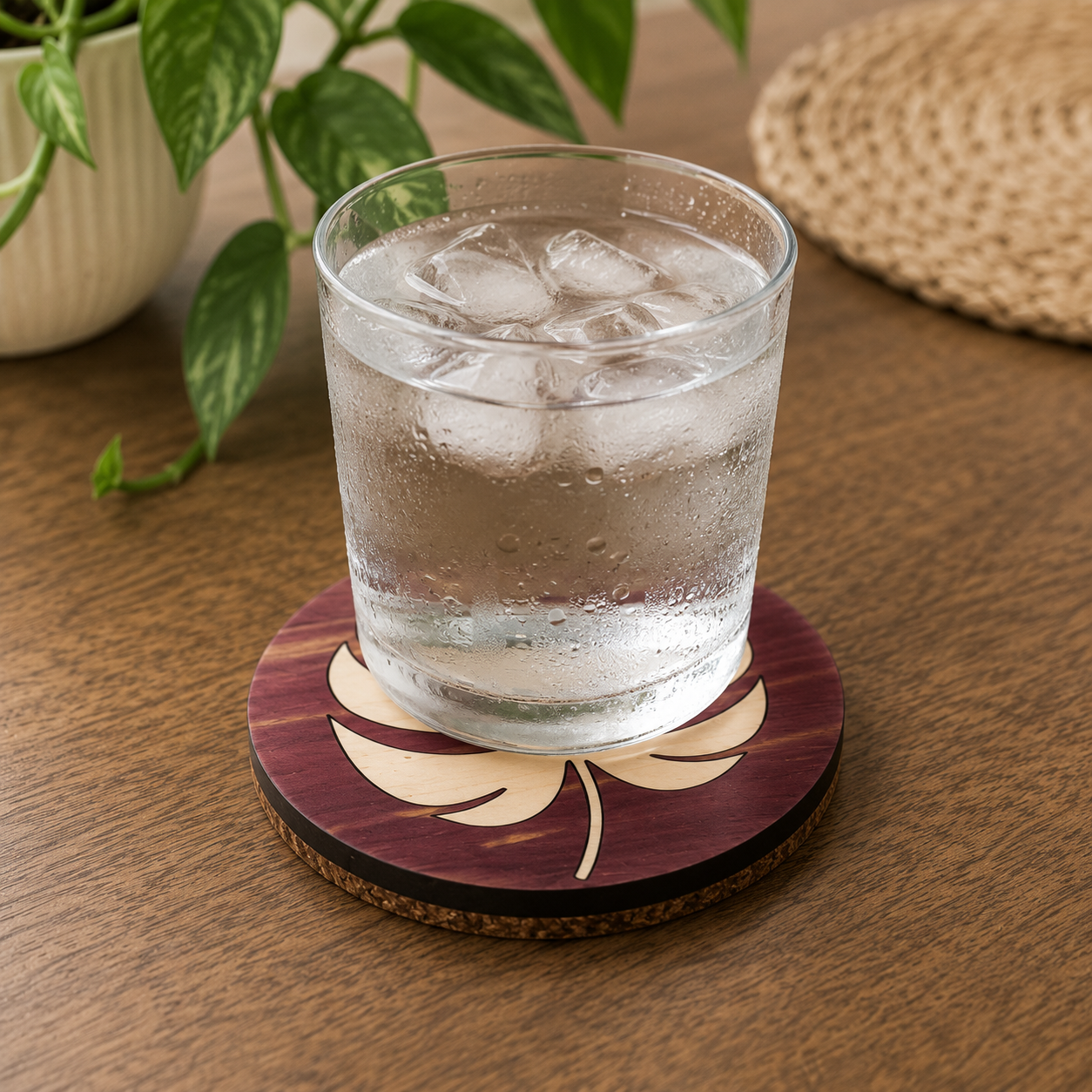 Glass of iced water sitting on a handcrafted Monstera wood coaster on a warm wooden tabletop.