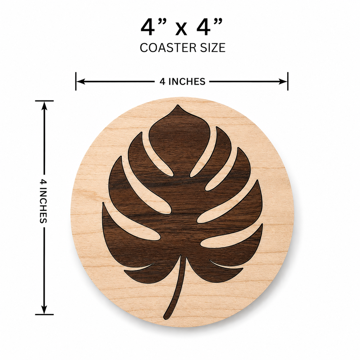 4-inch handmade Monstera wood coaster with measurement graphic on a white background.