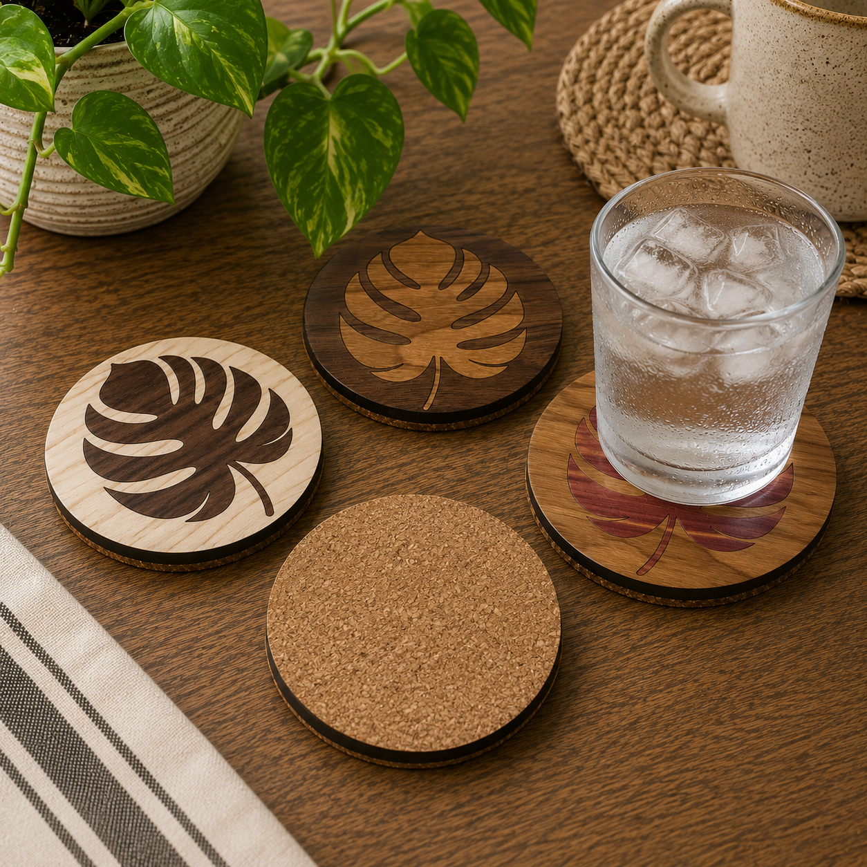Wooden Monstera coaster set with one coaster flipped over to display the protective cork backing.