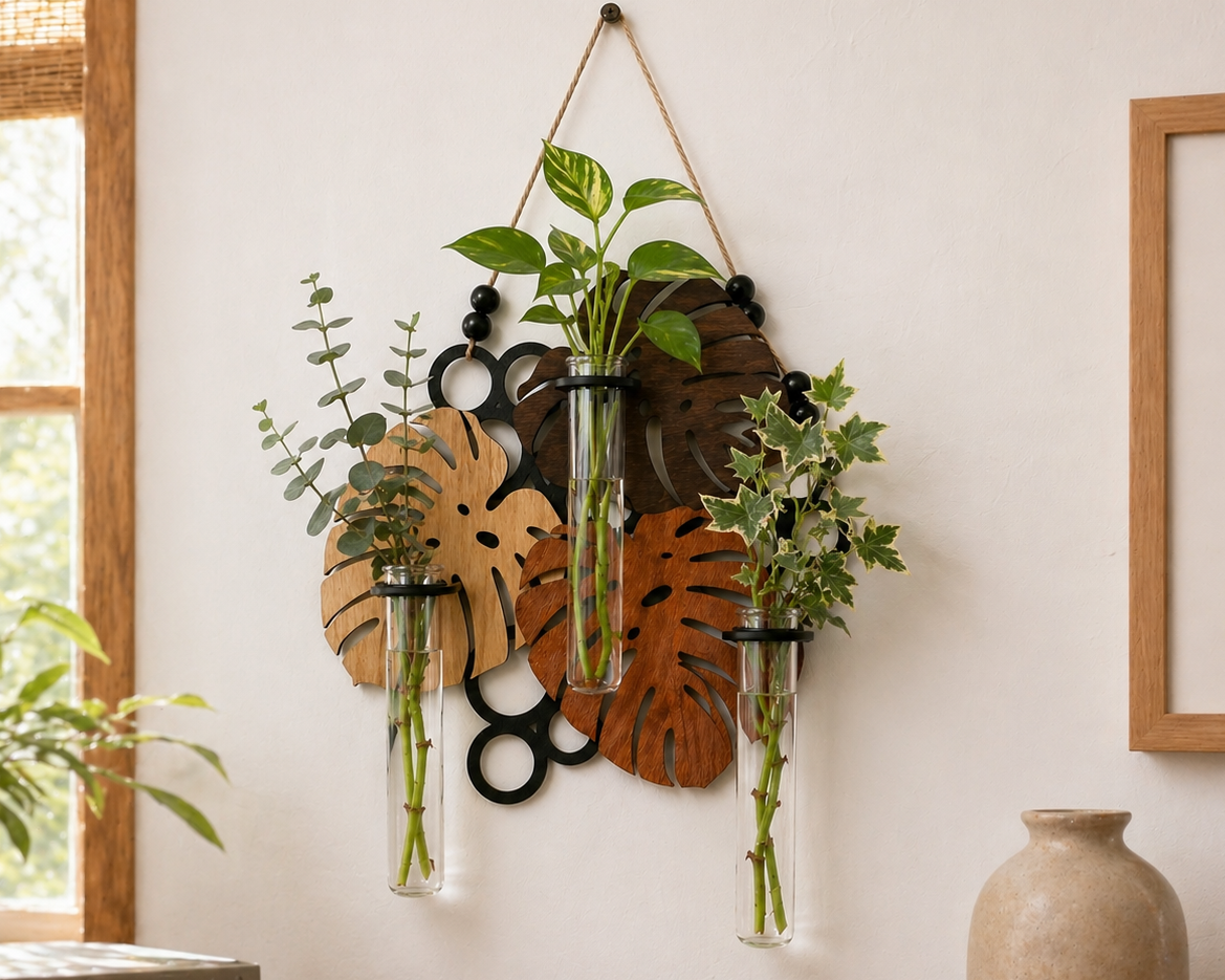 wooden wall planter with three glass propagation tubes for indoor plants