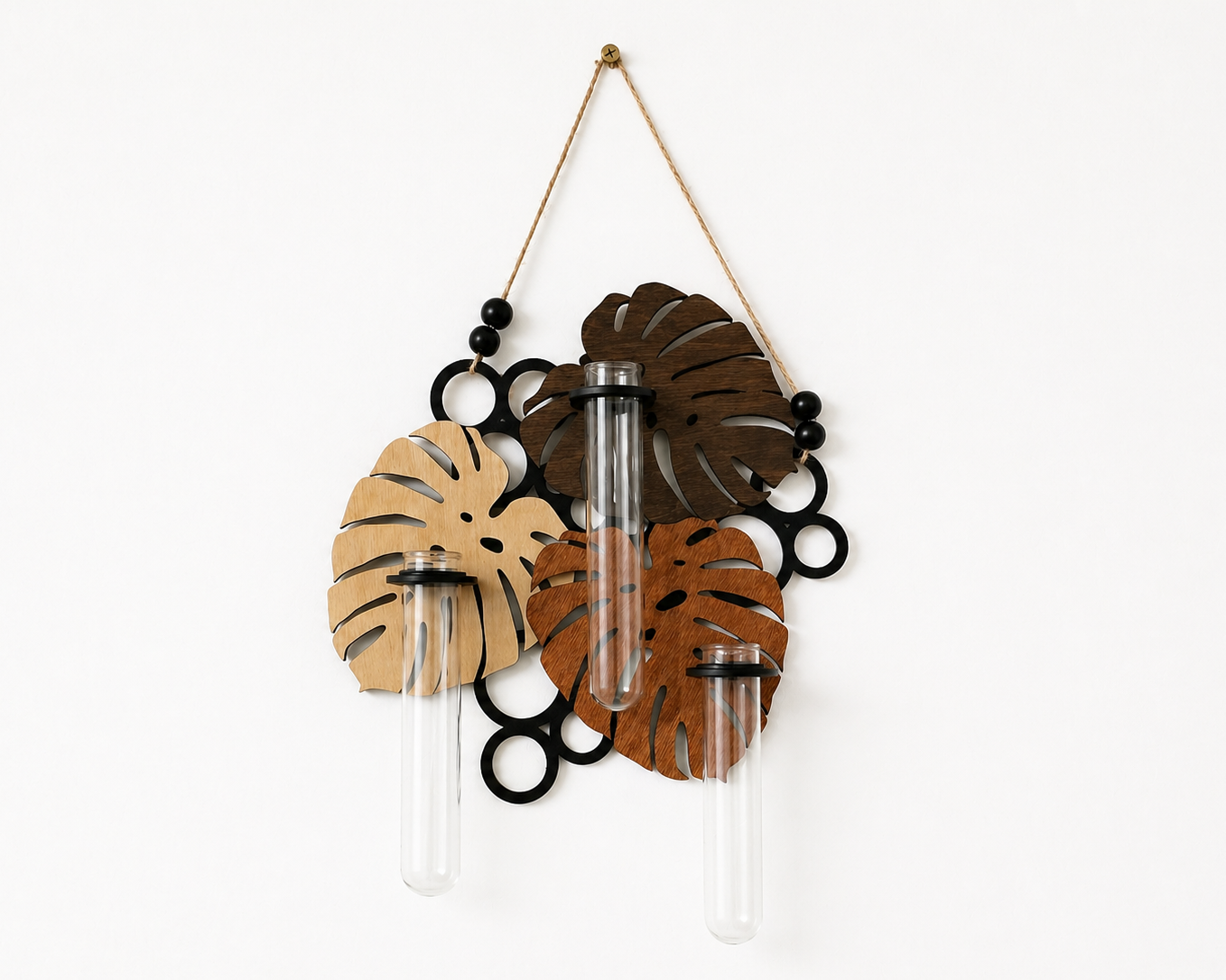 modern wood wall planter with monstera leaf design and glass vials