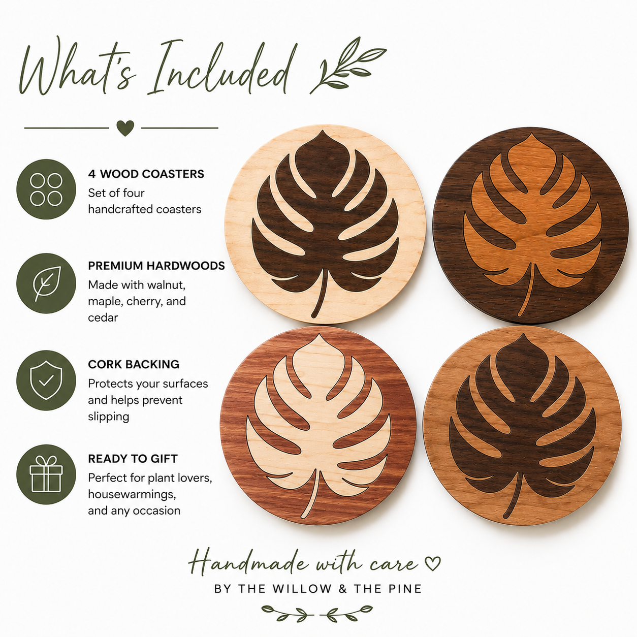 What's Included infographic showing a set of four handmade Monstera wood coasters crafted from walnut, maple, cherry, and cedar with protective cork backing, ready for gifting.