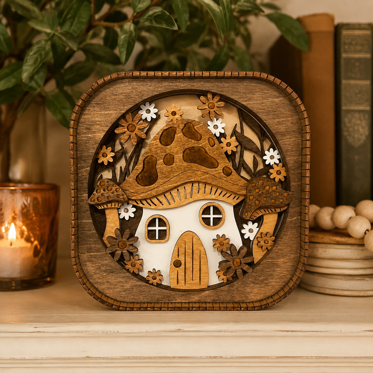 3D wood mushroom house shelf sitter displayed on a styled shelf with cozy cottagecore and woodland decor accents.