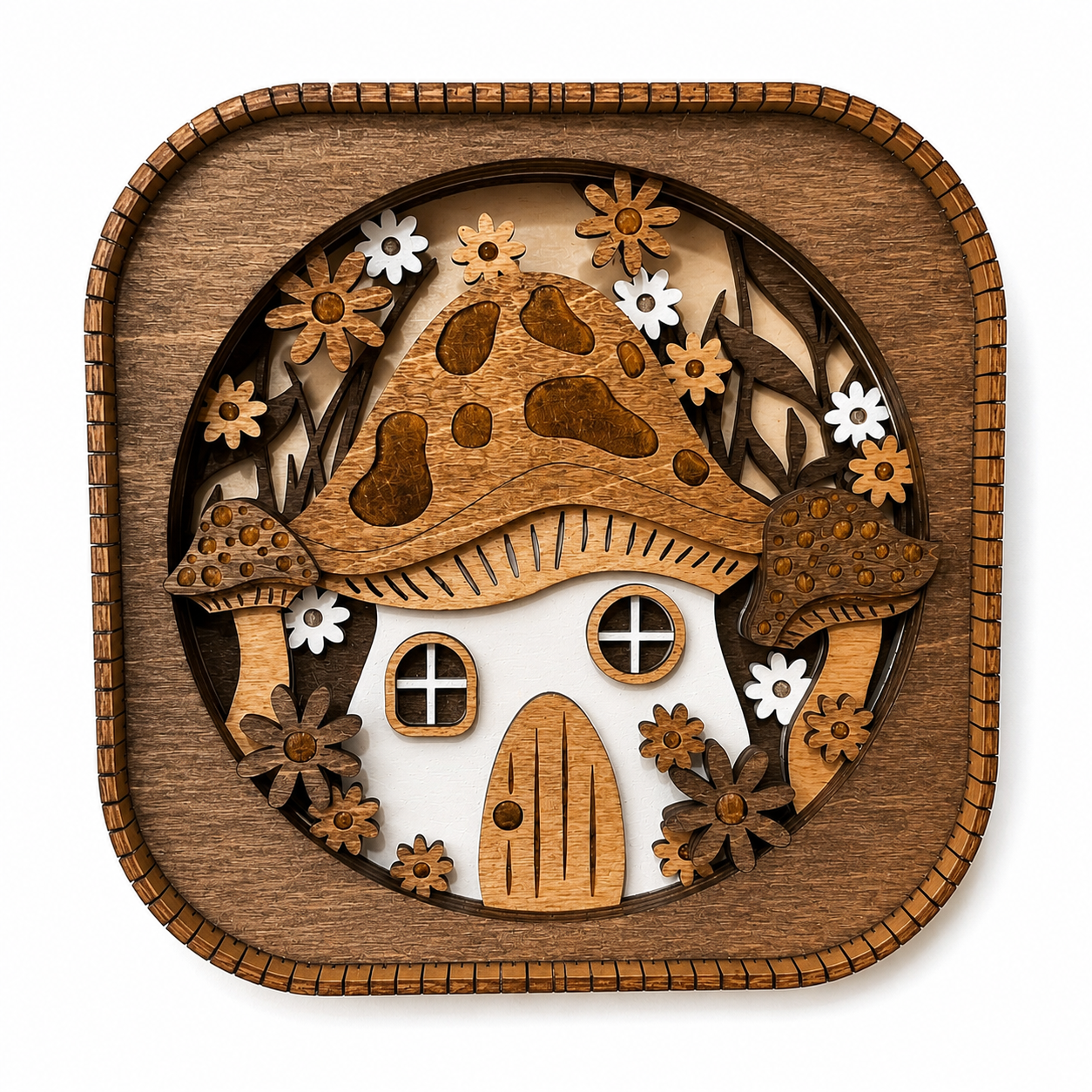 Handcrafted layered wood mushroom house shelf sitter featuring intricate laser-cut details and natural wood tones.