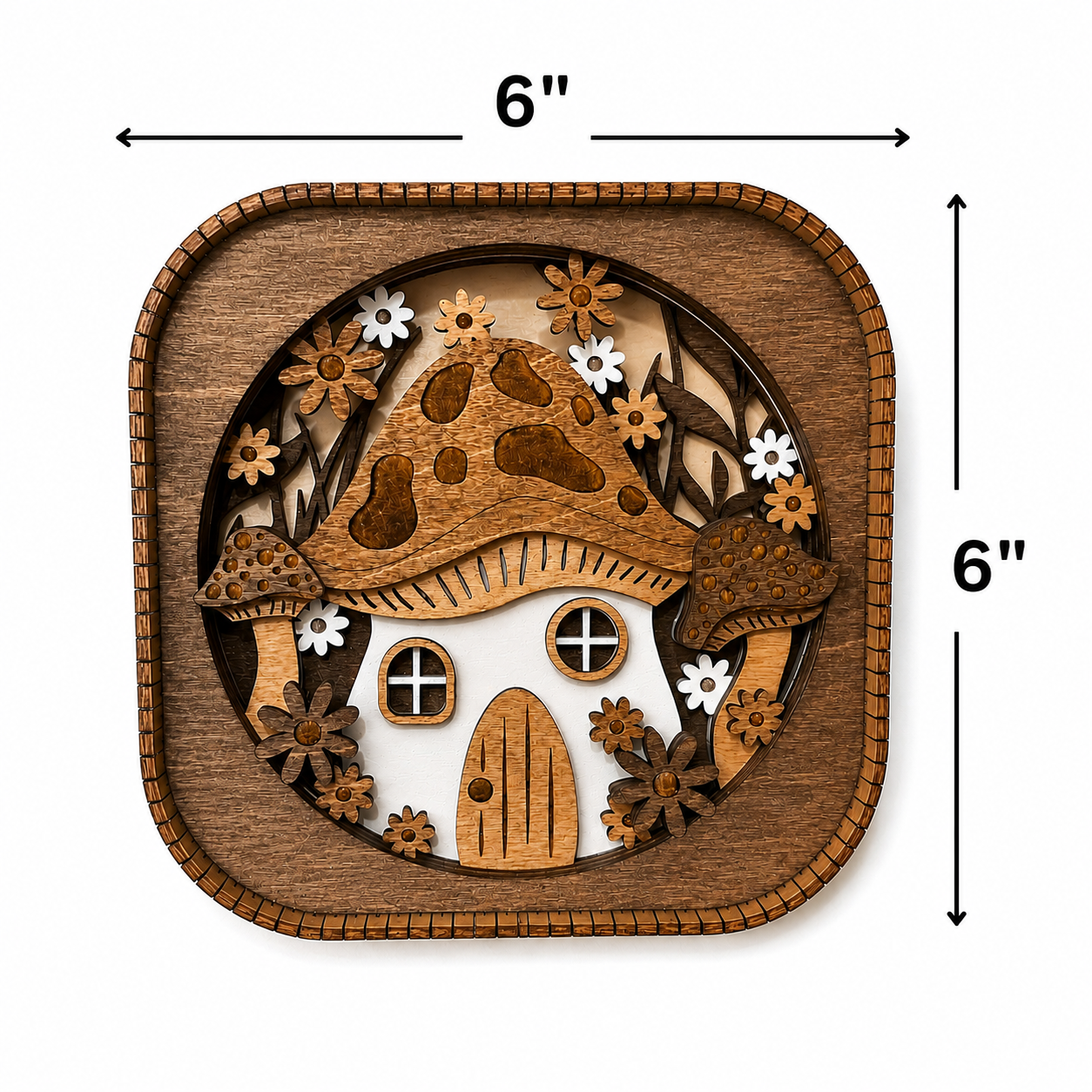 Mushroom house wood shelf sitter measuring 6 inches by 6 inches with dimensional layered design.