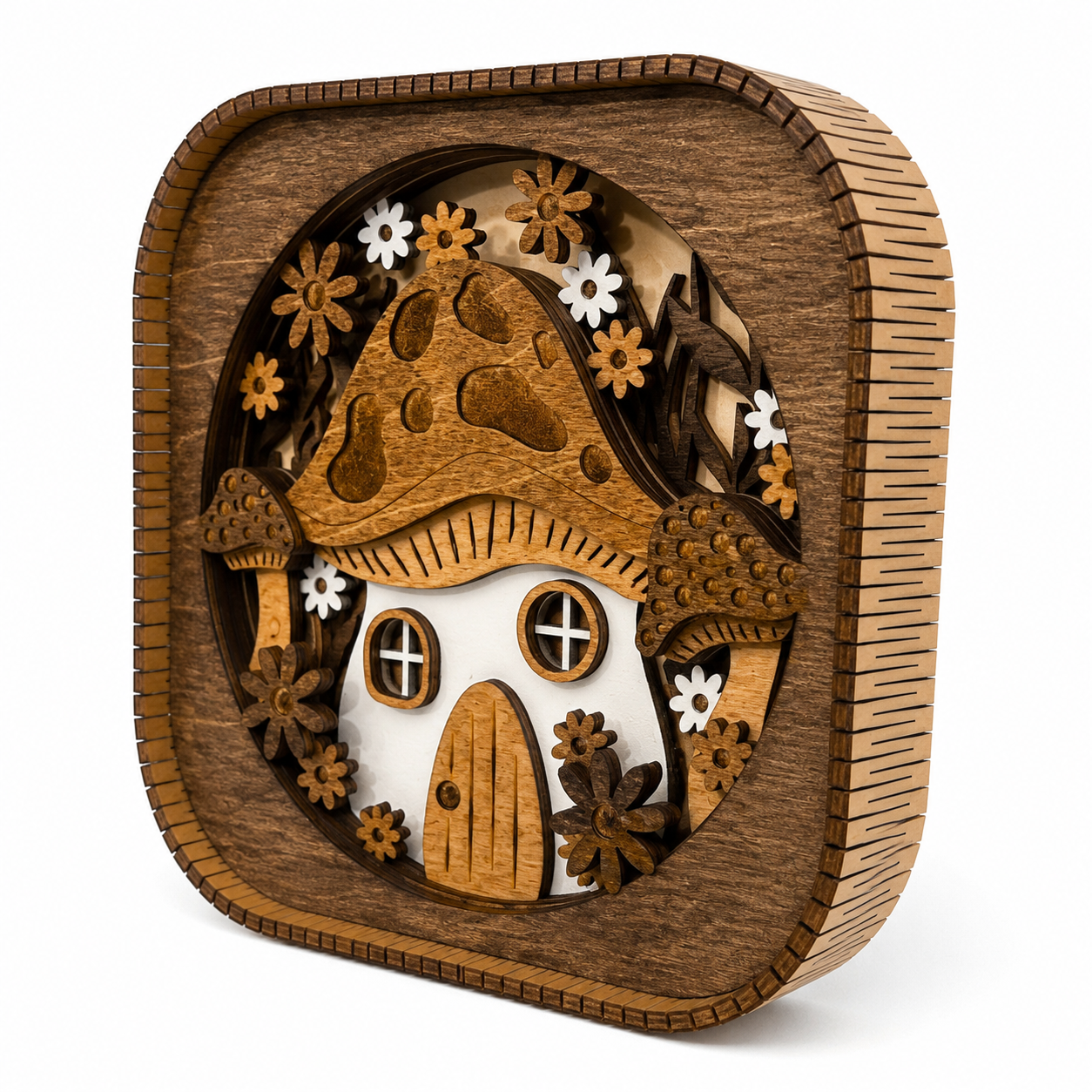 Angled view of a 3D mushroom house shelf sitter showcasing layered wood construction and woodland-inspired details.