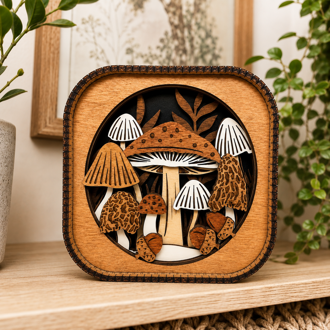 Layered mushroom forest wood shelf sitter displayed on a styled shelf with plants and botanical decor, featuring intricate 3D laser-cut details.