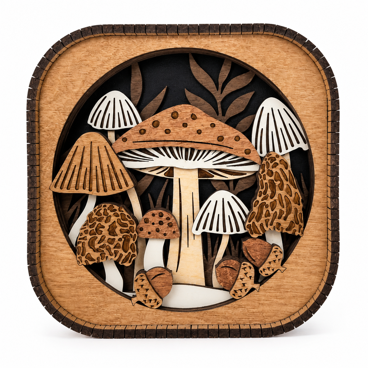 3D layered mushroom forest wood shelf sitter with natural wood tones and decorative living hinge frame on a white background.