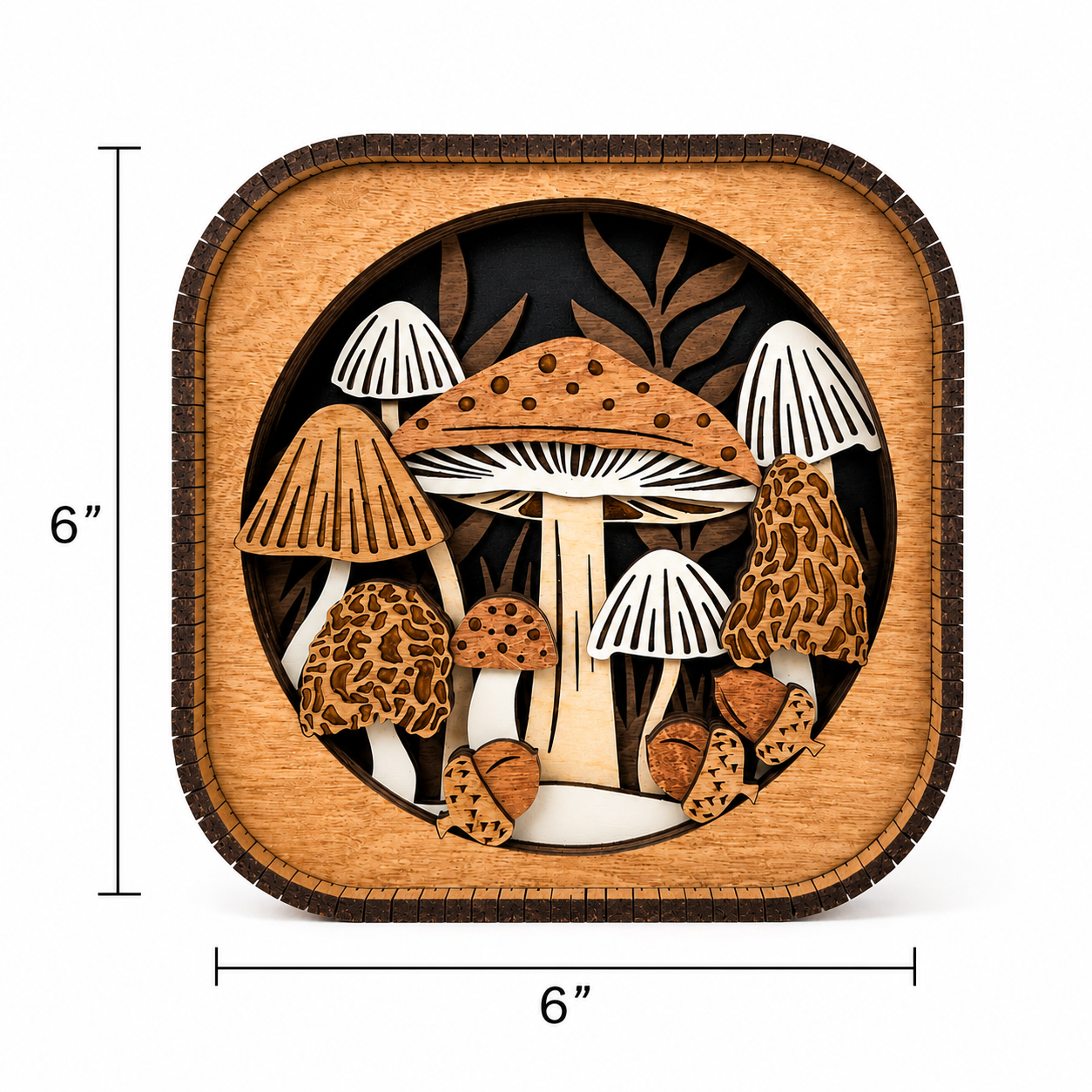 Mushroom forest wood shelf sitter measuring 6 inches by 6 inches with dimensional layered wood construction.