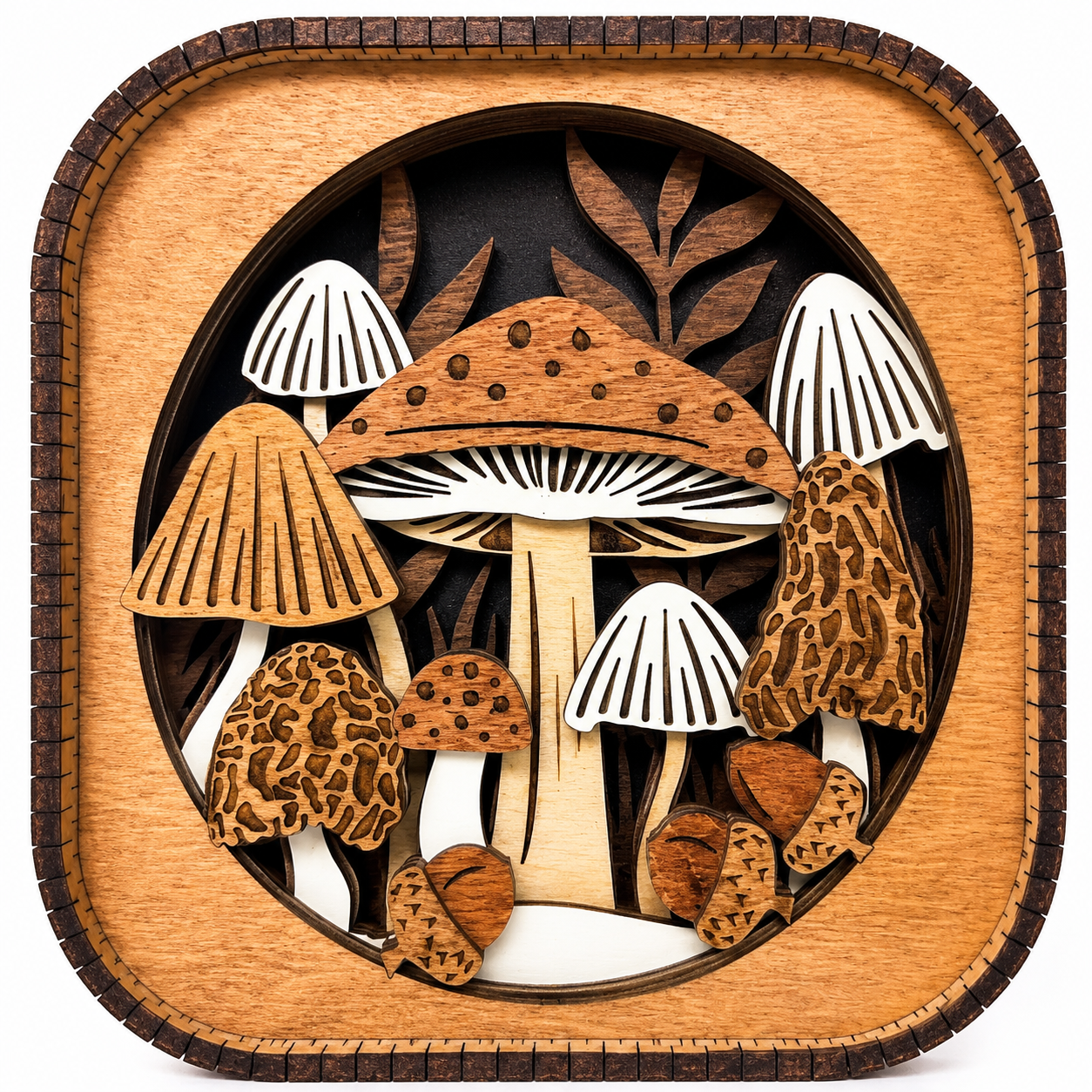 Close-up of layered wooden mushroom forest shelf sitter showcasing detailed laser-cut mushrooms and dimensional woodland design.