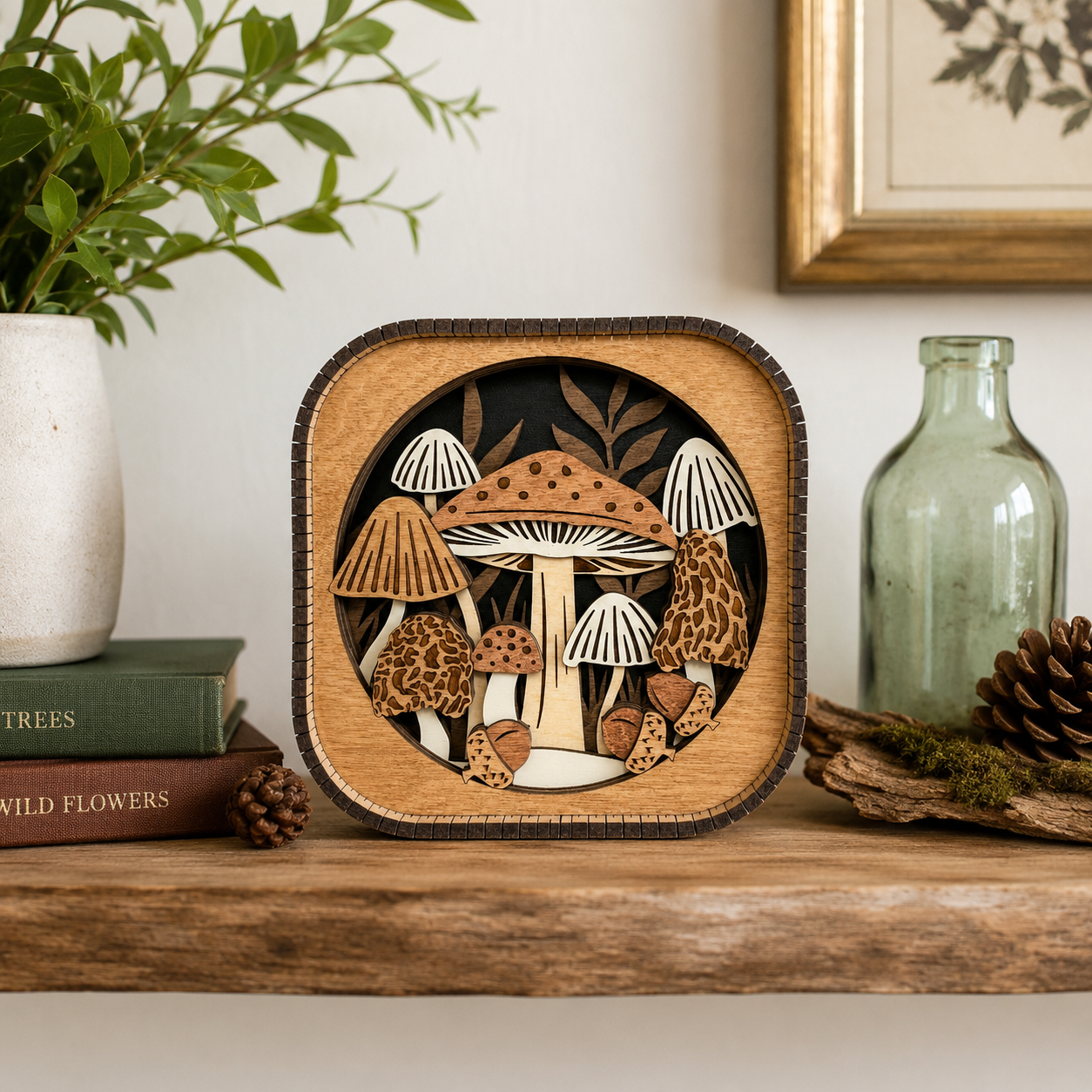 Woodland mushroom shelf sitter displayed on a light wood shelf with greenery and botanical accents in a cozy home setting.