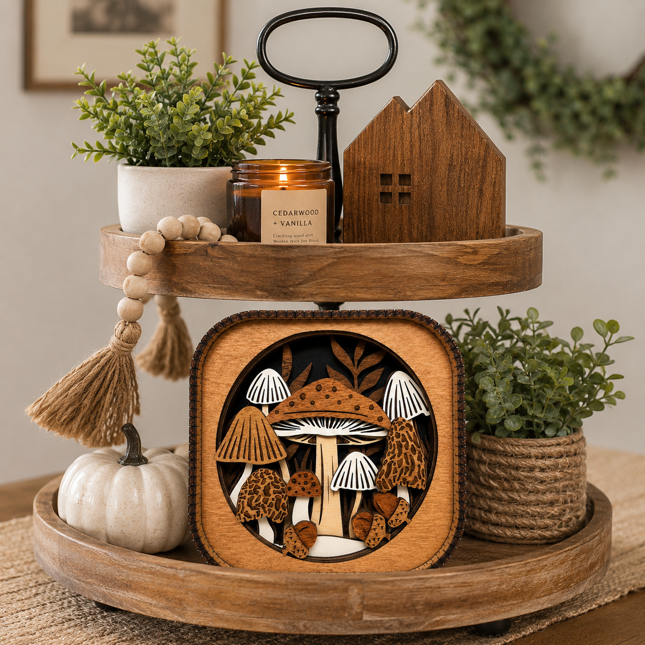 Mushroom forest wood shelf sitter styled on a farmhouse tiered tray with plants and seasonal decor.