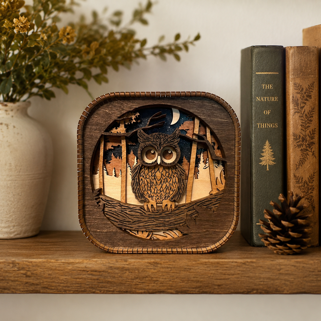 3D layered wood owl shelf sitter displayed on a styled shelf with woodland-inspired home decor and warm natural accents