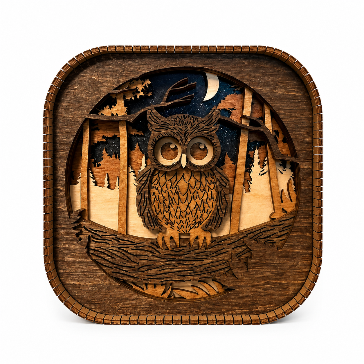 Handmade 3D wood owl shelf sitter with layered forest scene and living hinge frame on white background