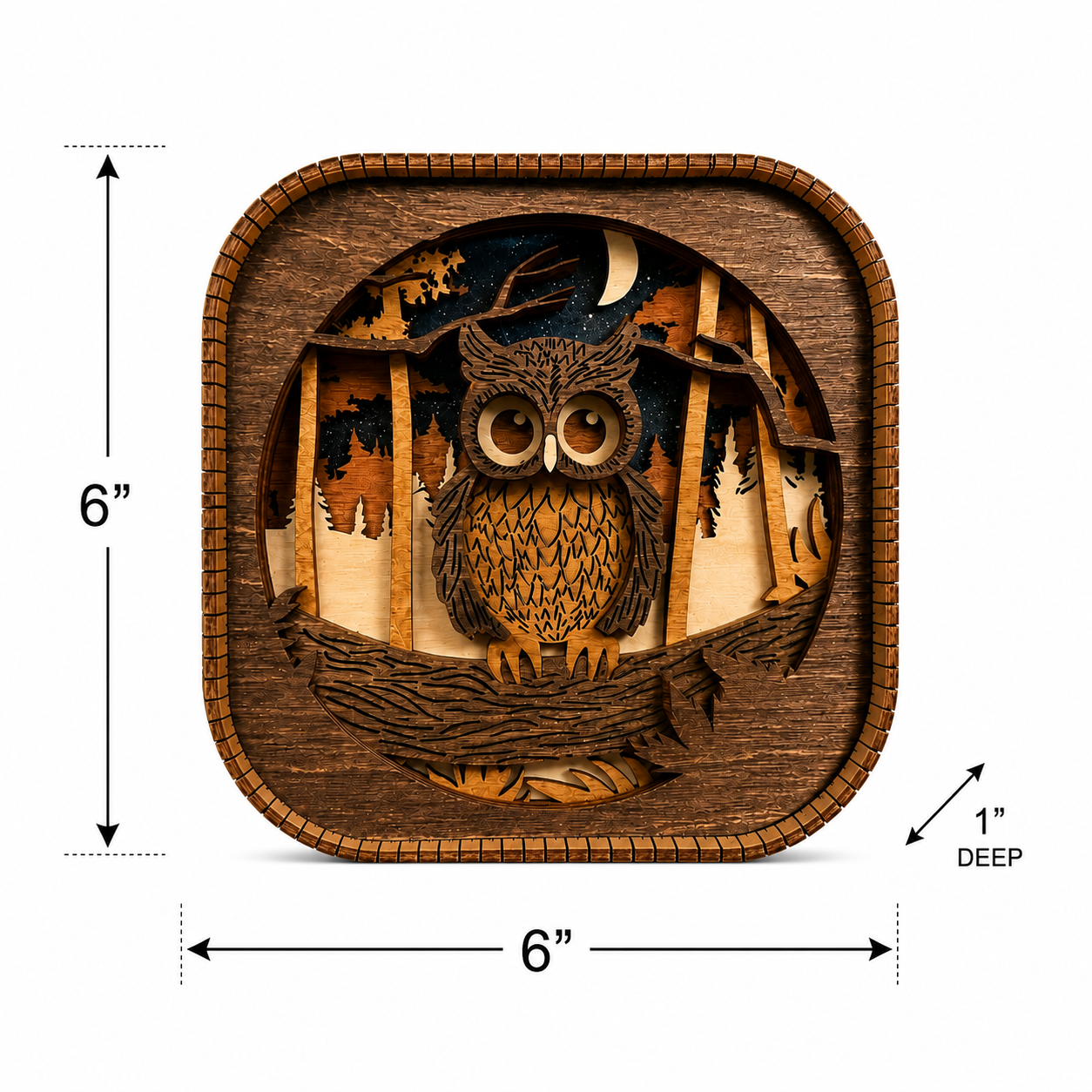 Wood owl shelf sitter dimensions shown measuring 6 inches by 6 inches with layered woodland design