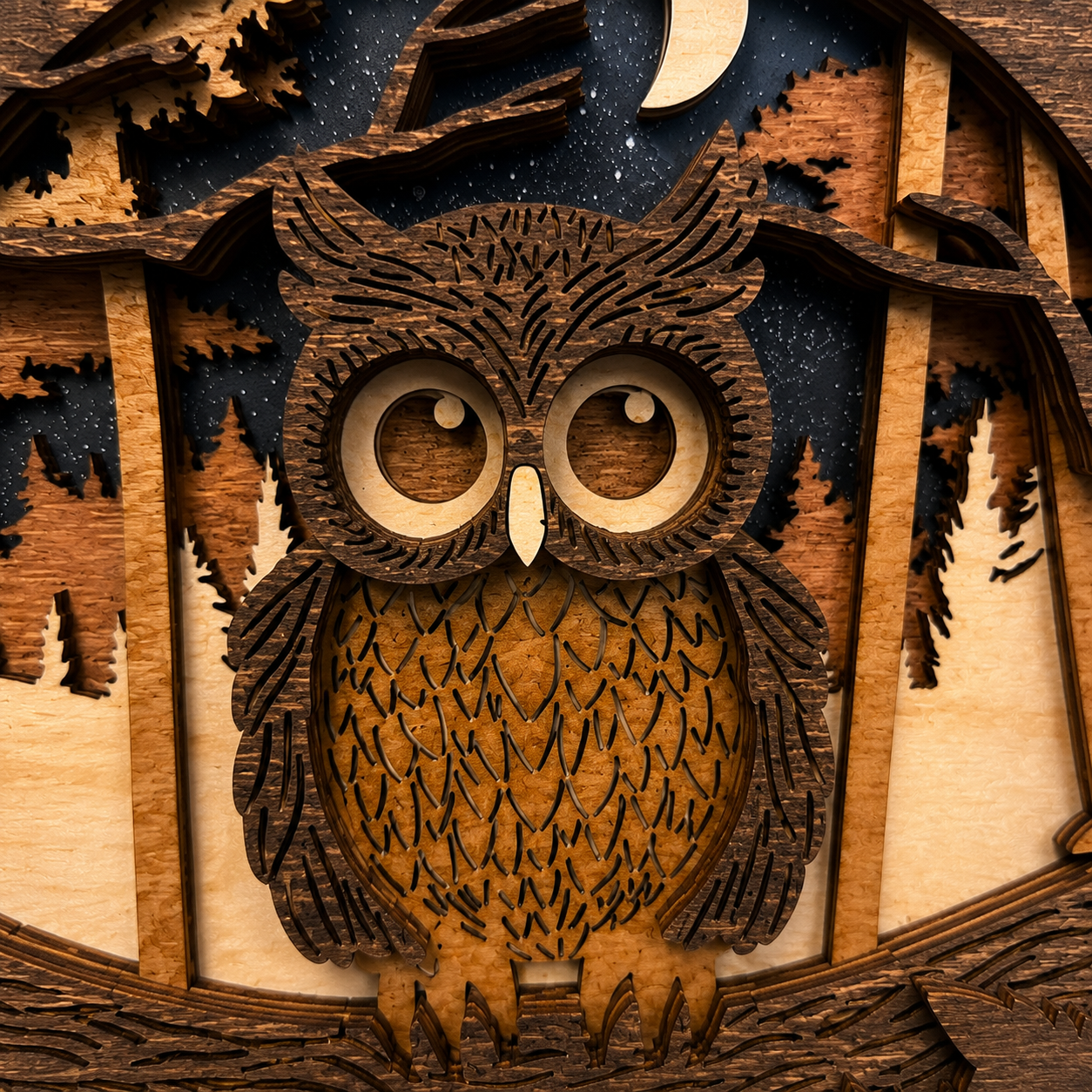 Close-up detail of layered wood owl artwork showing intricate engraving, forest scene, and dimensional design