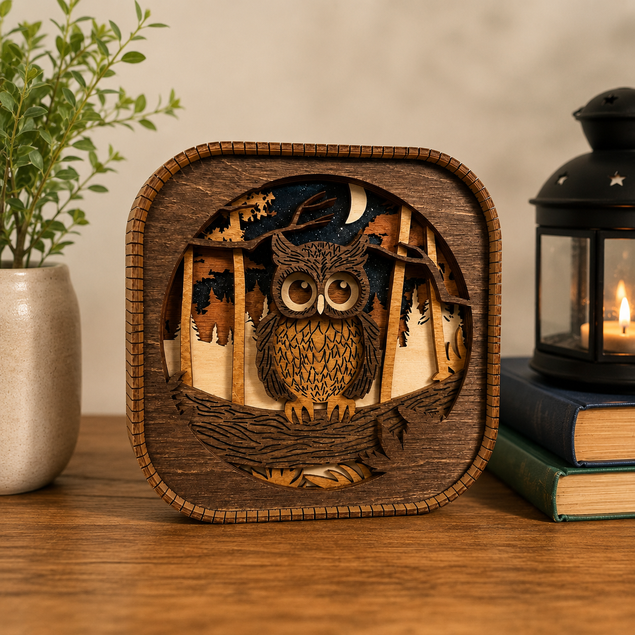 Woodland owl shelf sitter displayed with rustic home decor, books, and botanical accents on tabletop