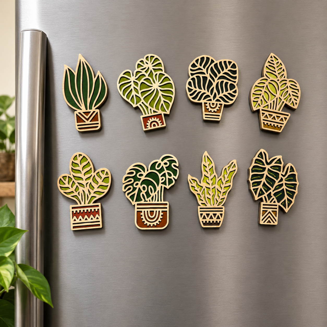 Handmade wooden plant magnets gift set featuring laser cut houseplant designs for refrigerator decor and plant lover gifts.