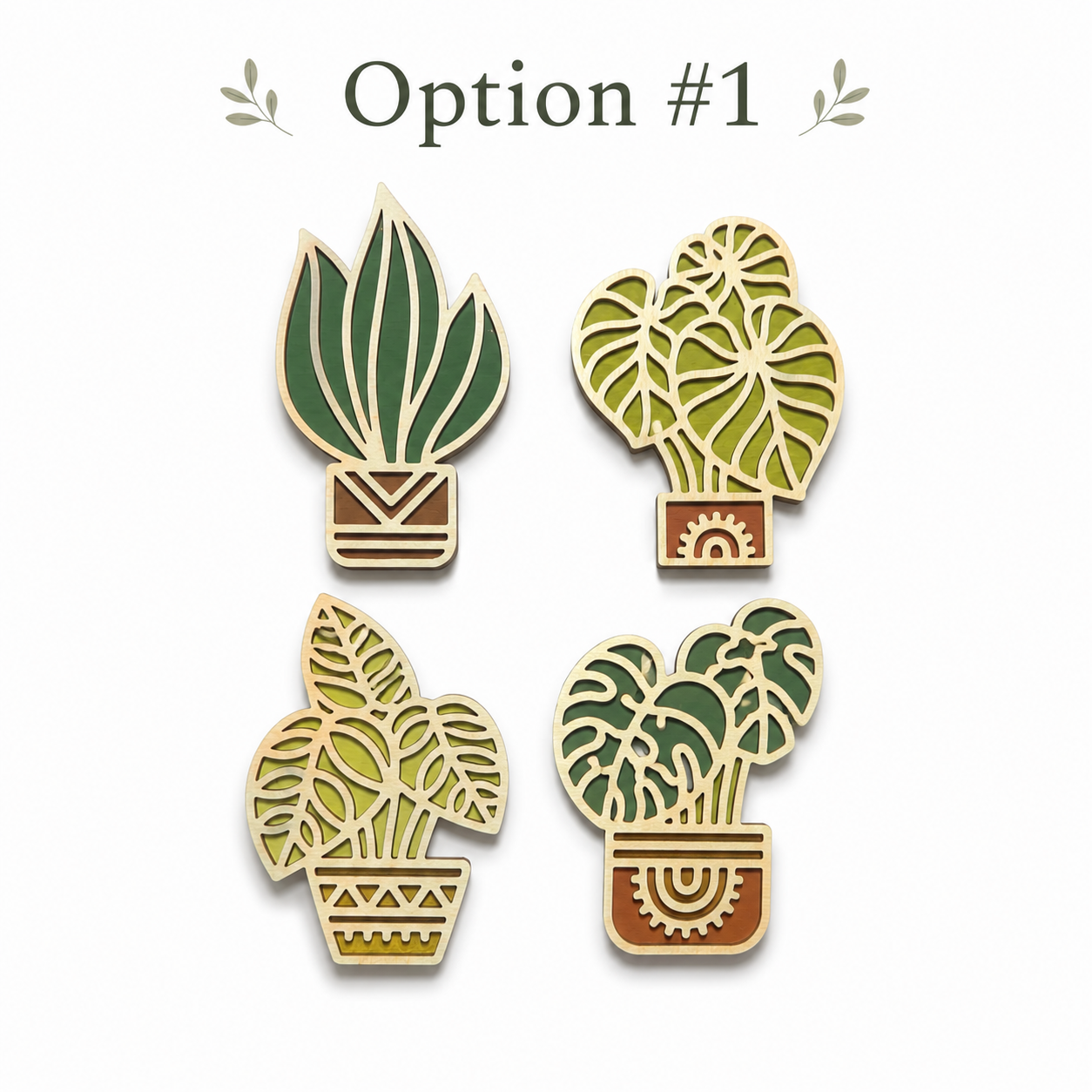 Option 1 set of four wooden plant magnets featuring modern botanical and houseplant-inspired designs.