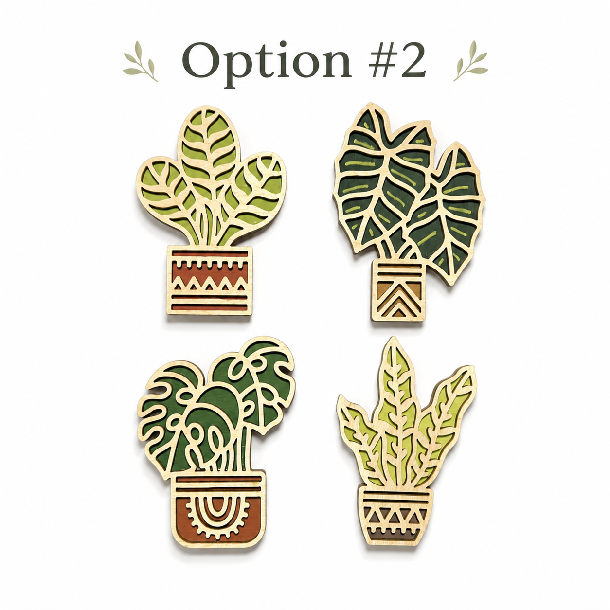 Option 2 set of four laser cut wooden houseplant magnets with layered botanical artwork.
