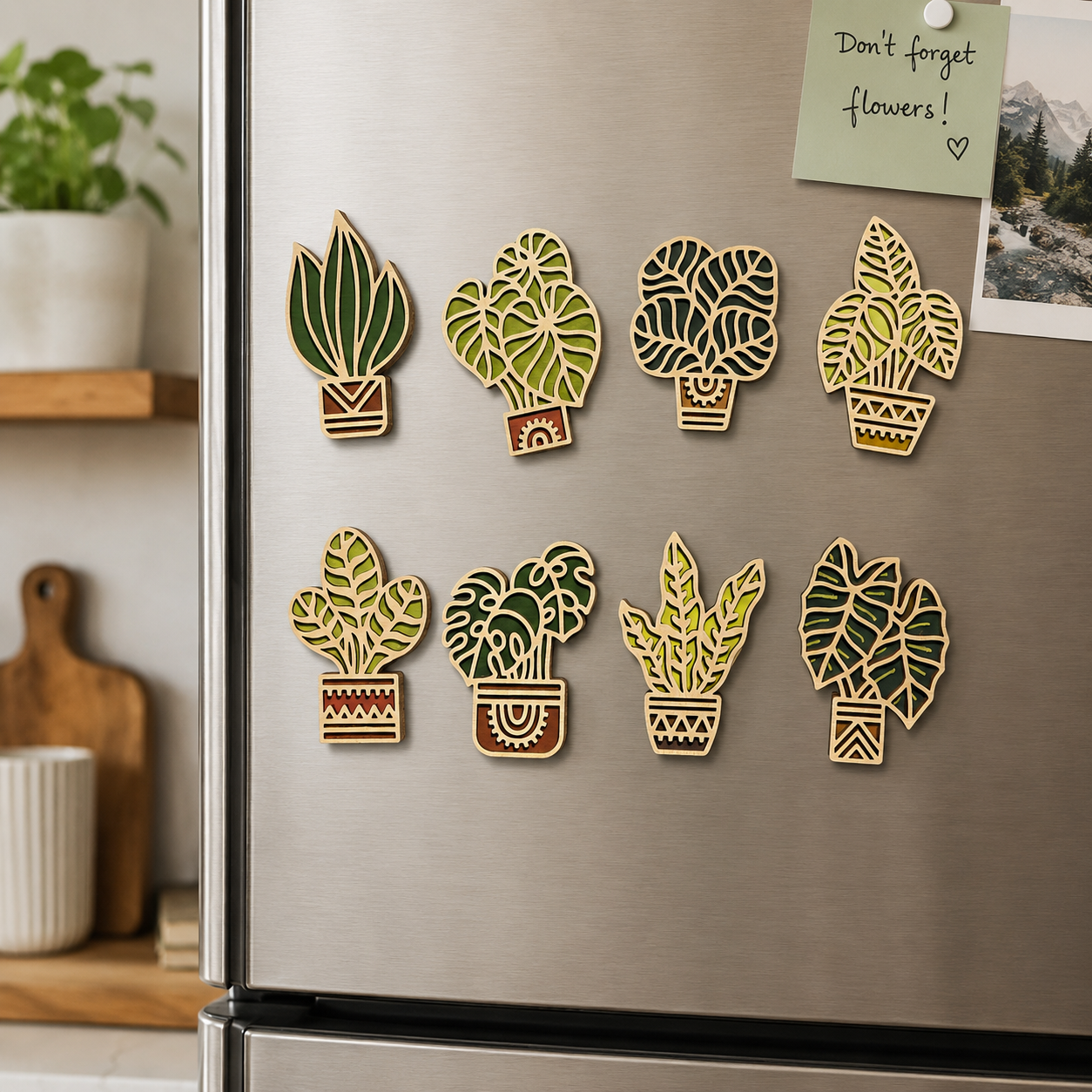 Wooden refrigerator magnets with houseplant designs arranged on a stainless steel fridge in a modern home.