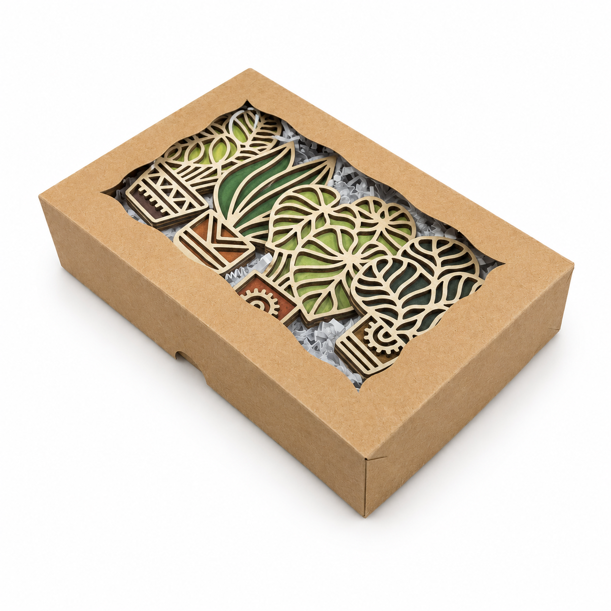 Kraft gift box with window lid displaying a set of handcrafted wooden plant magnets for plant lovers.