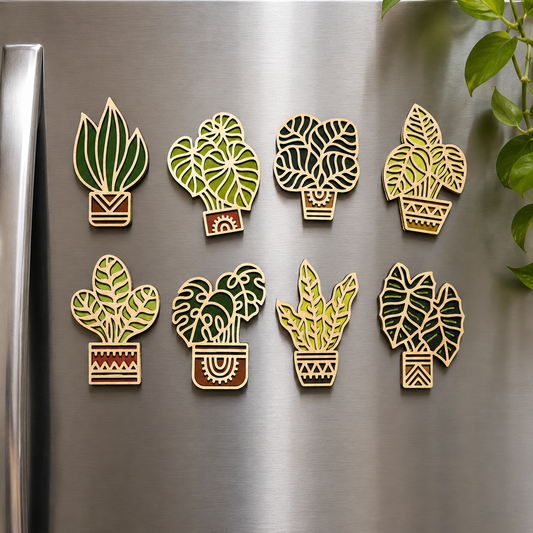 Set of eight handcrafted wooden plant magnets featuring layered houseplant designs in natural wood and green tones.