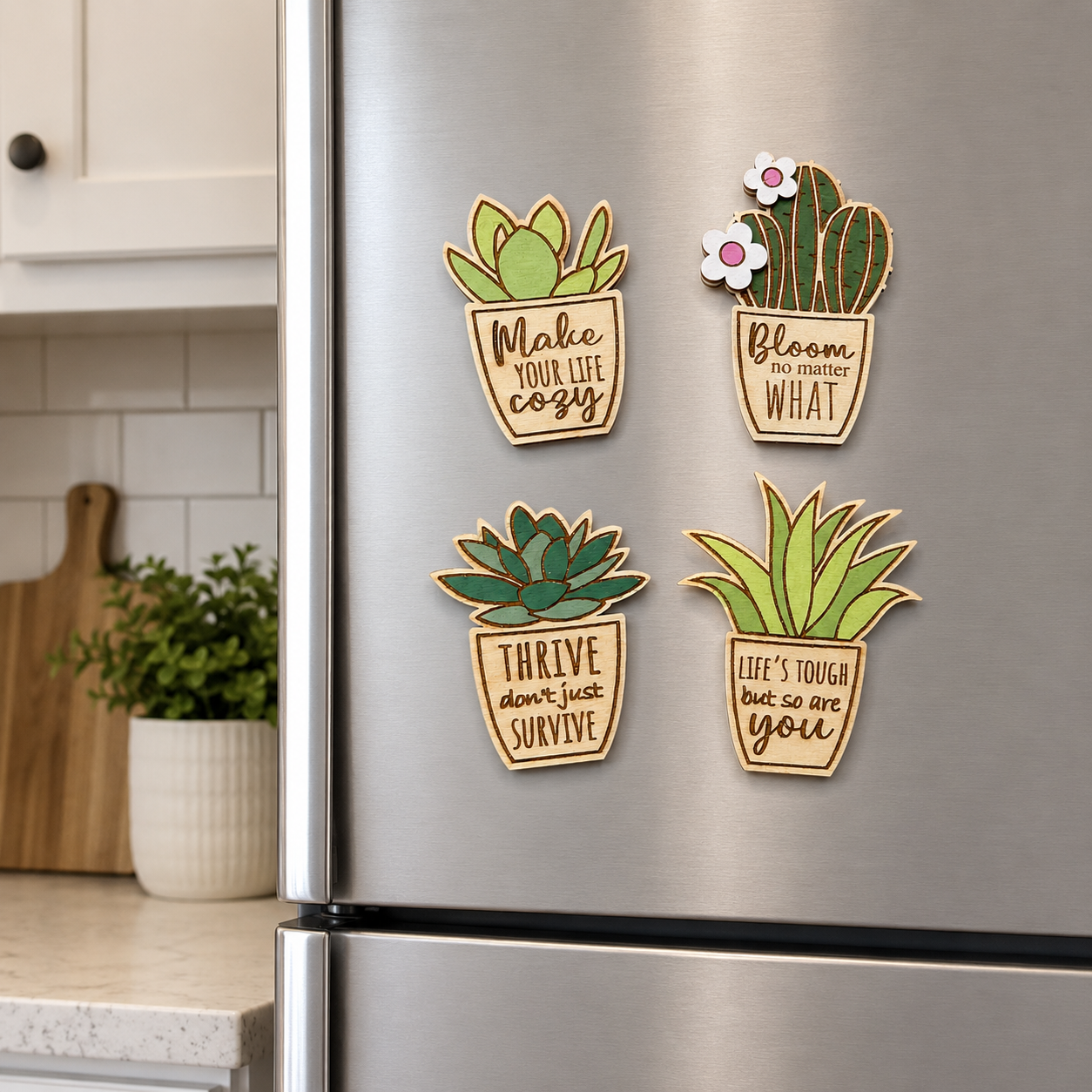 Inspirational wooden plant magnets decorating a modern stainless steel refrigerator.