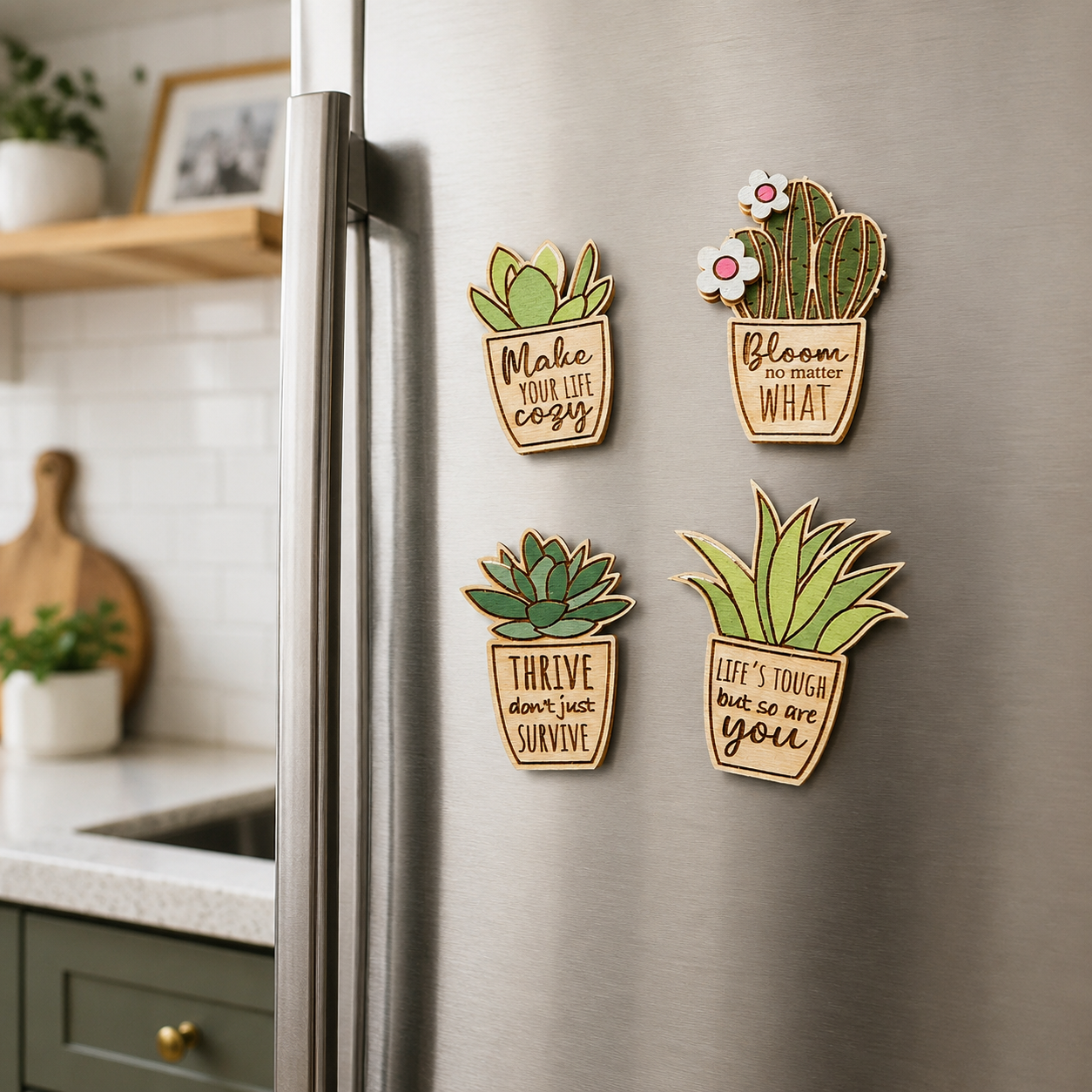 Inspirational wooden plant magnets decorating a modern stainless steel refrigerator.