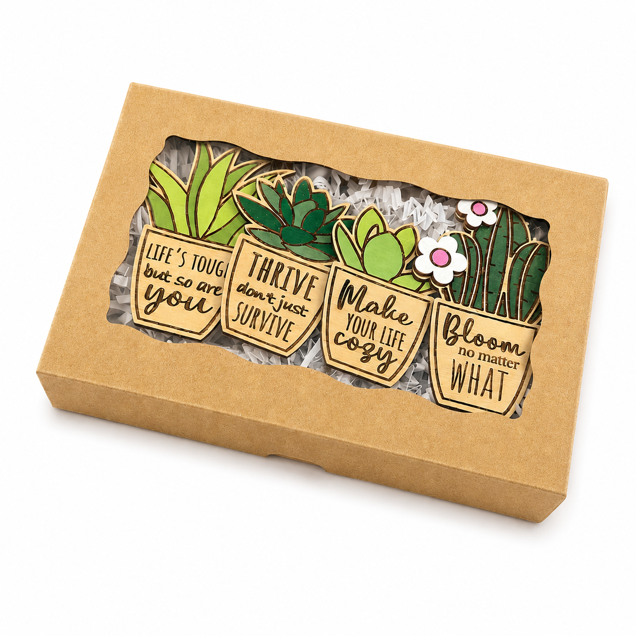 Wooden succulent magnet gift set in kraft window gift box with inspirational plant magnets, handmade laser cut wood magnets for plant lovers