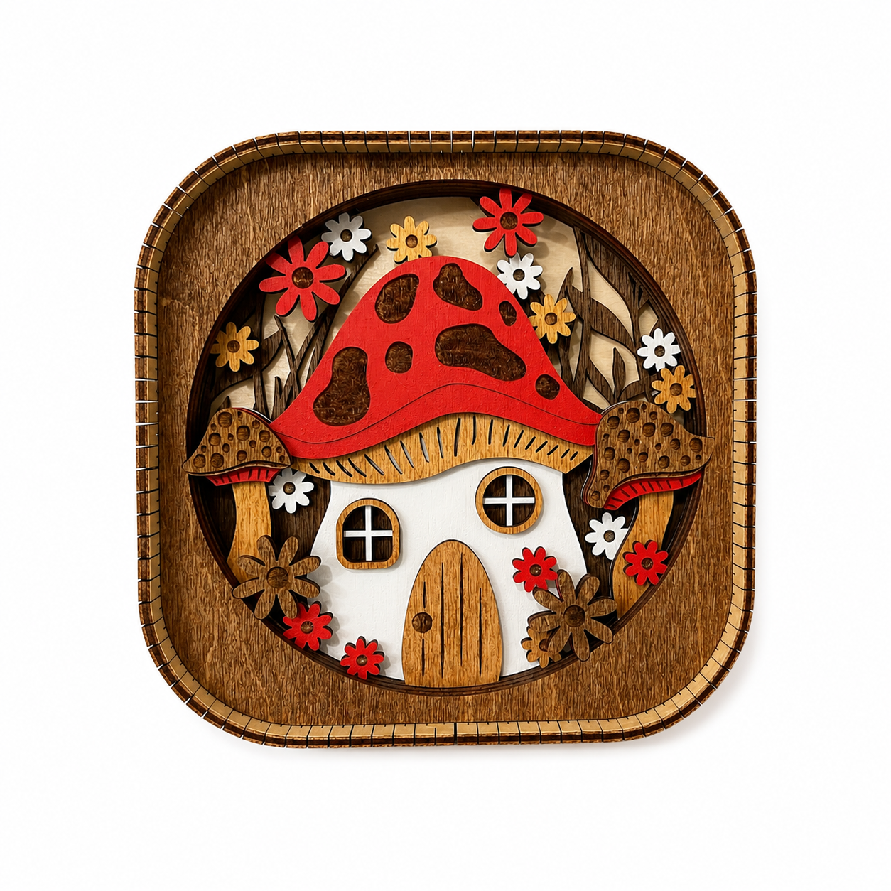 Handmade 3D wood mushroom house shelf sitter featuring layered laser cut details and woodland flowers