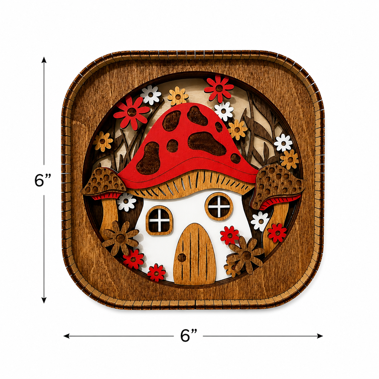 6 inch by 6 inch mushroom house wood shelf sitter with dimensional layered design and cottagecore style