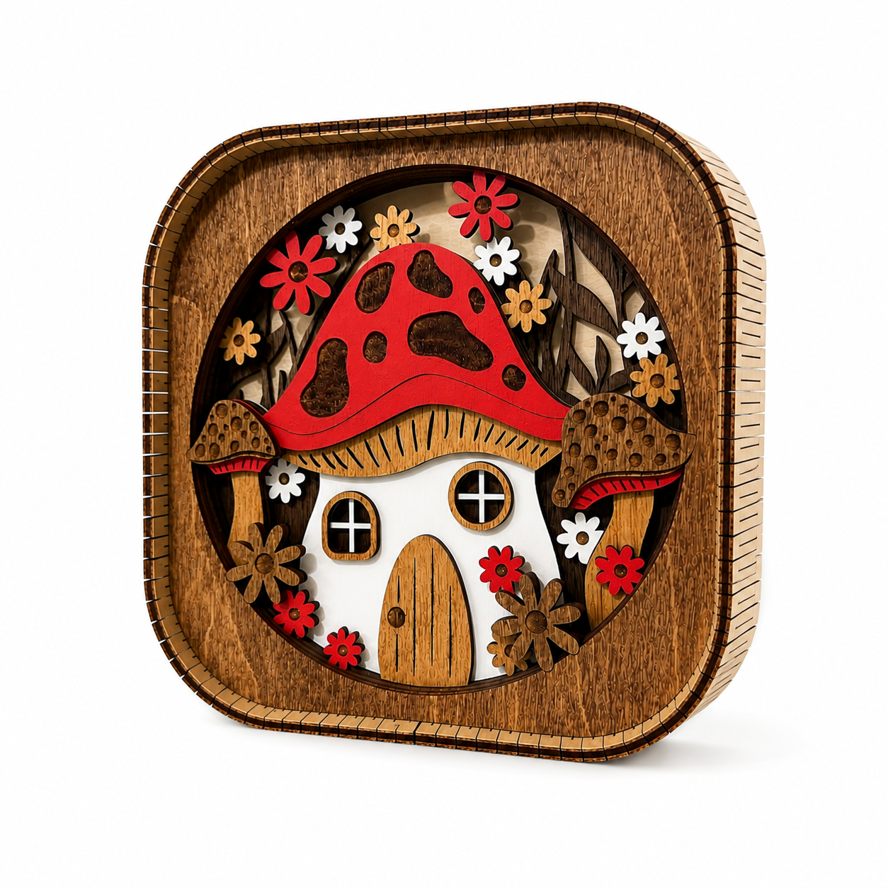 Angled view of 3D wood mushroom house shelf sitter highlighting layered craftsmanship and depth