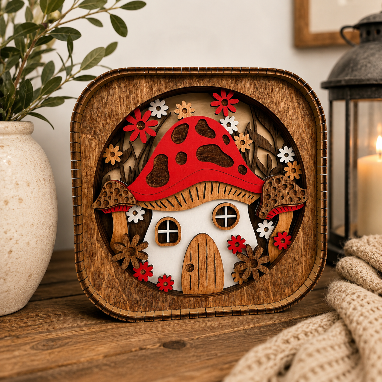 Wood mushroom house shelf sitter displayed with farmhouse decor and greenery on a styled tabletop