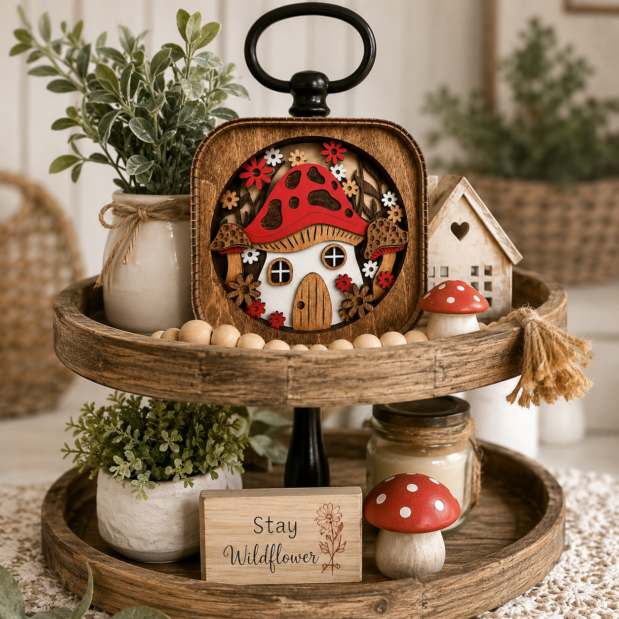 Mushroom house wood shelf sitter displayed on a tiered tray with cottagecore and woodland themed decor